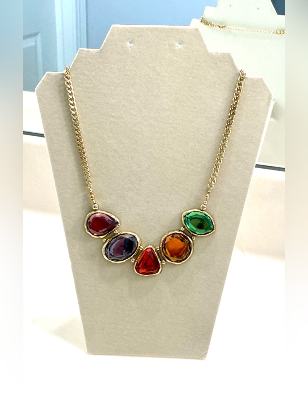Multi-Color Gemstone Statement Necklace - Gold Chain